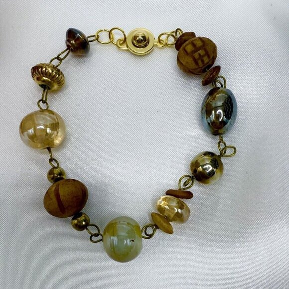 Reimagined Tan Iridescent Glass Wood Bead Bracelet - Picture 3 of 8